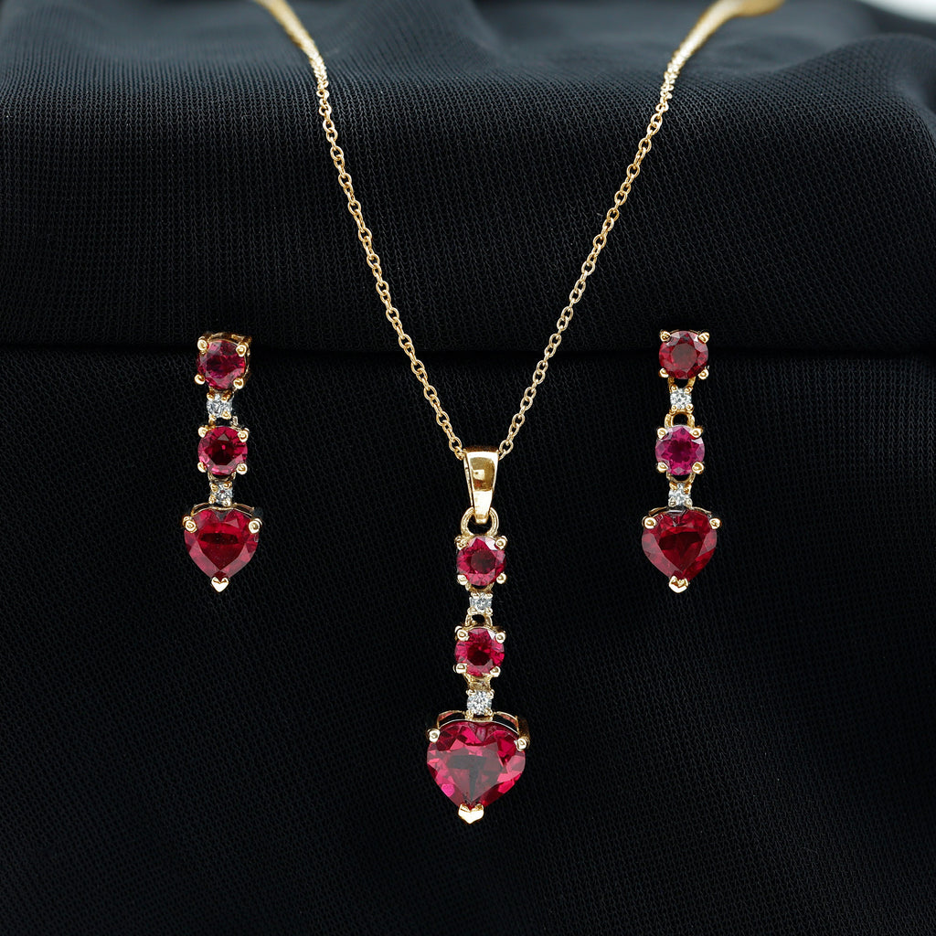 Lab Created Ruby Heart and Zircon Dangle Jewelry Set Zircon - ( AAAA ) - Quality - Rosec Jewels