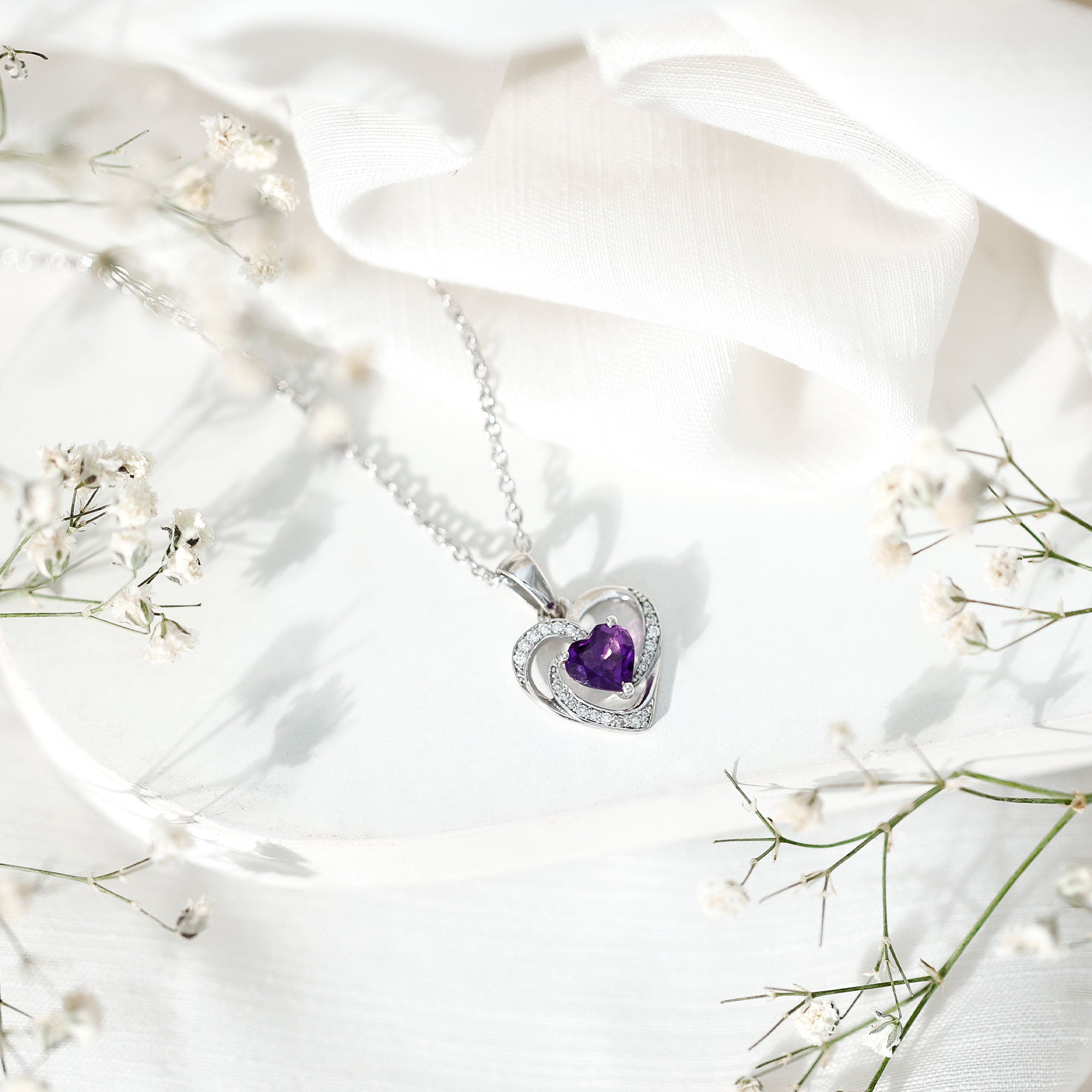 Natural 1 Carat Amethyst Heart Pendant Necklace with Diamond AAA - Rosec Jewels