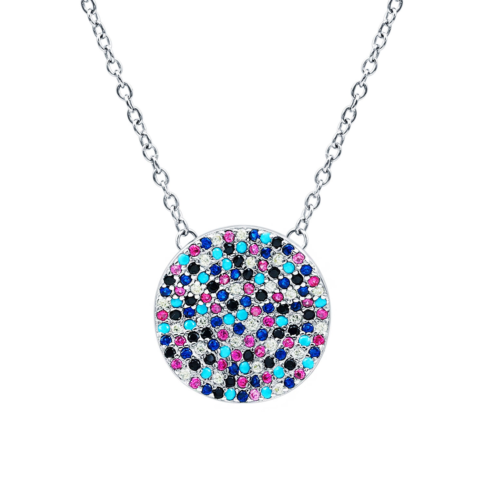 Rosec Jewels-Certified Multi Stone Disc Necklace in Sterling Silver