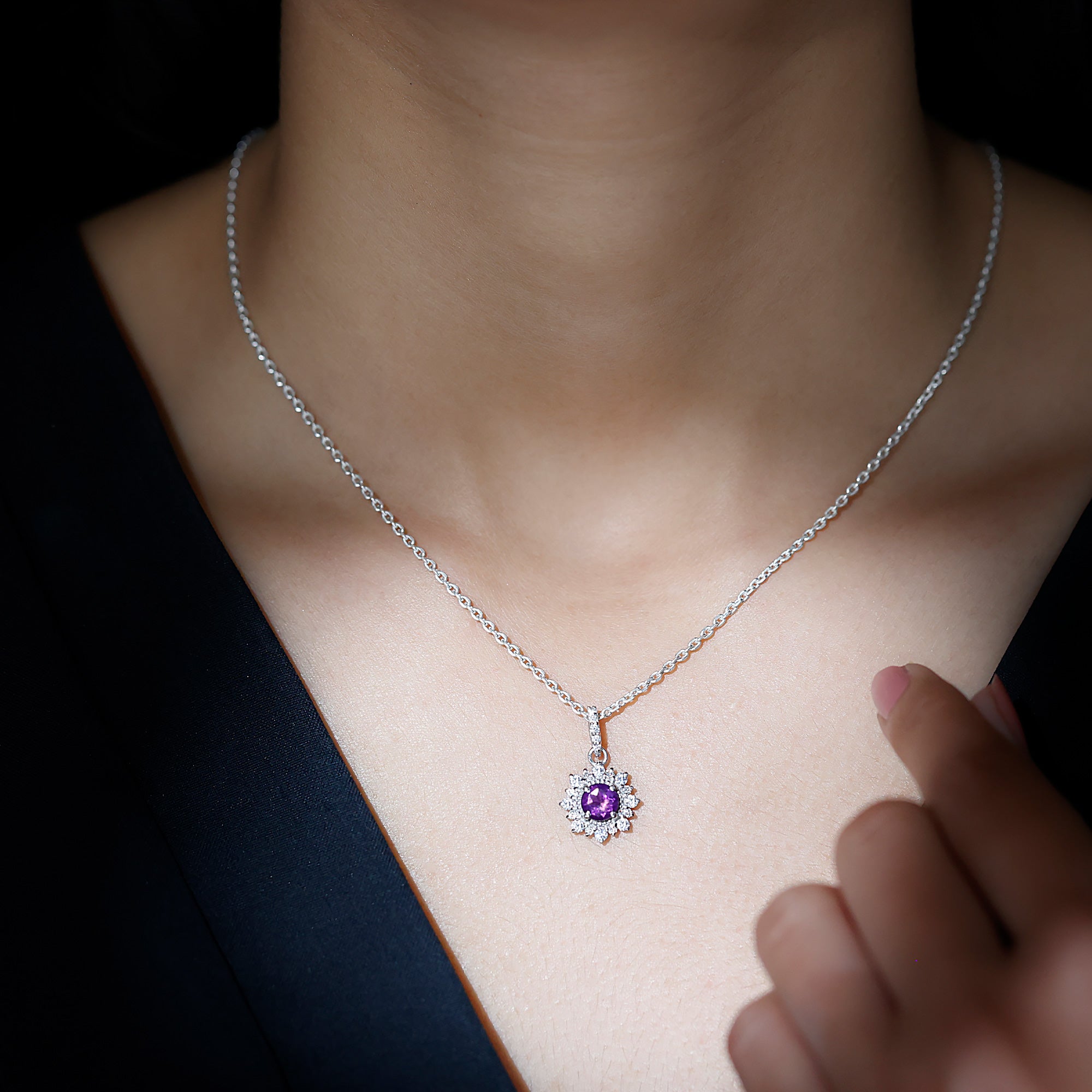 Certified Amethyst Halo Pendant Necklace Amethyst - ( AAA ) - Quality 92.5 Sterling Silver - Rosec Jewels