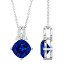 Cushion Cut Lab Grown Blue Sapphire Solitaire Necklace with Diamond AAAA - Rosec Jewels