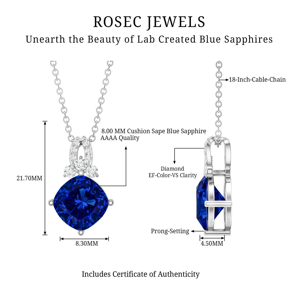 Cushion Cut Lab Grown Blue Sapphire Solitaire Necklace with Diamond AAAA - Rosec Jewels