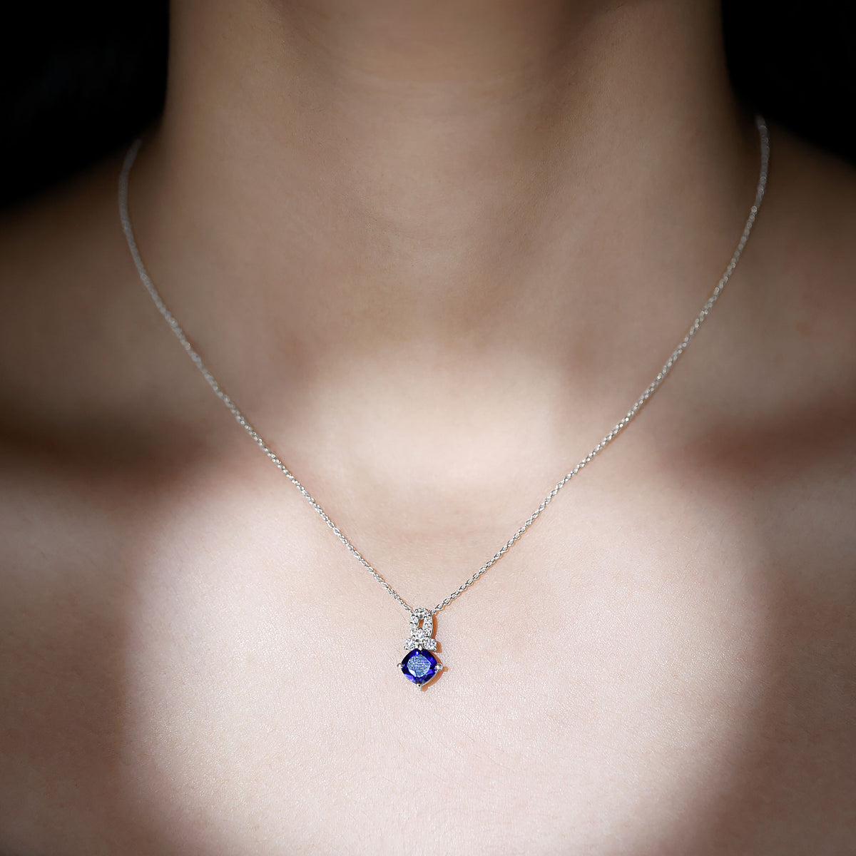 Cushion Cut Lab Grown Blue Sapphire Solitaire Necklace with Diamond AAAA - Rosec Jewels