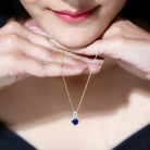 Cushion Cut Lab Grown Blue Sapphire Solitaire Necklace with Diamond AAAA - Rosec Jewels