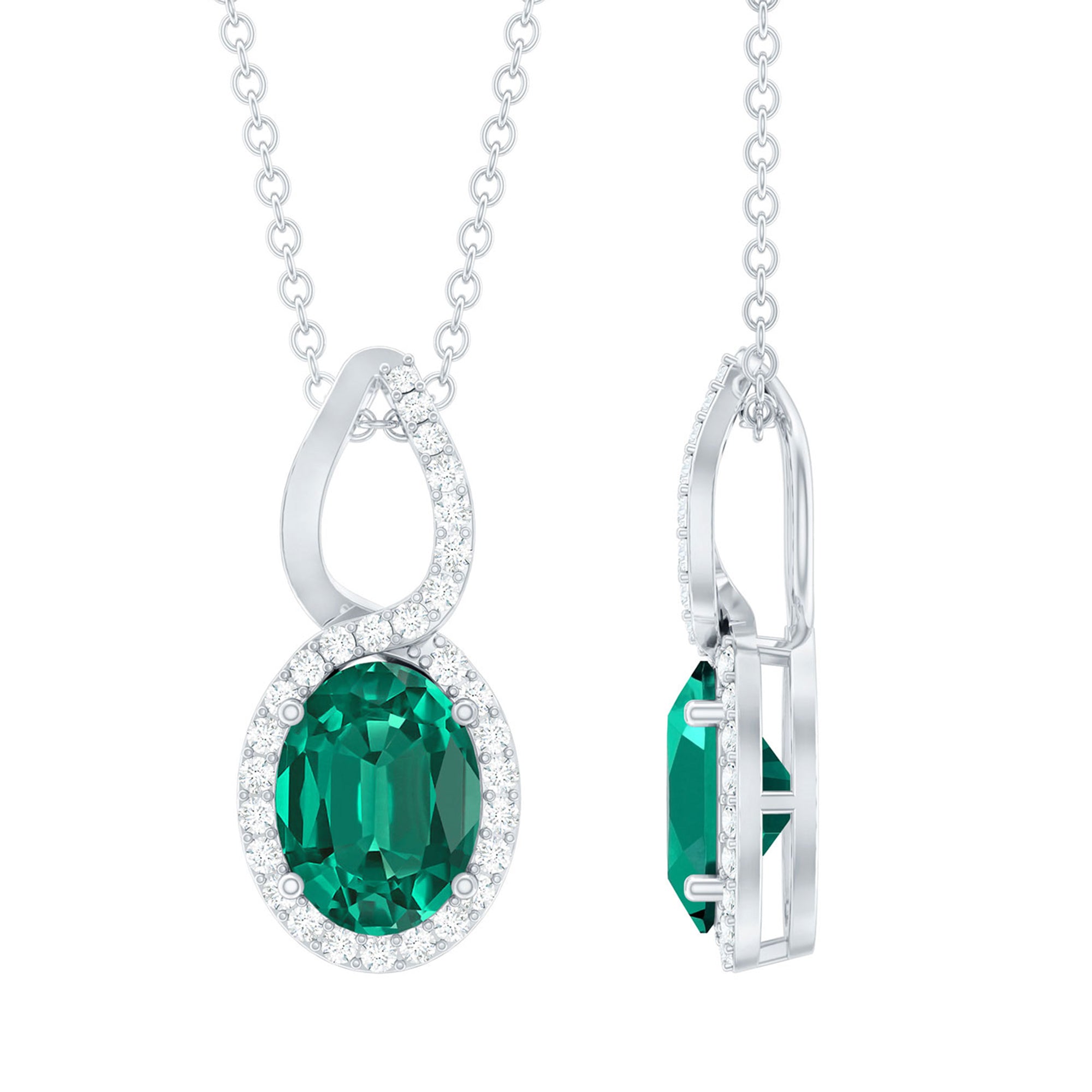 Oval Cut 6X8 MM Lab Created Emerald Infinity Necklace with Moissanite Halo