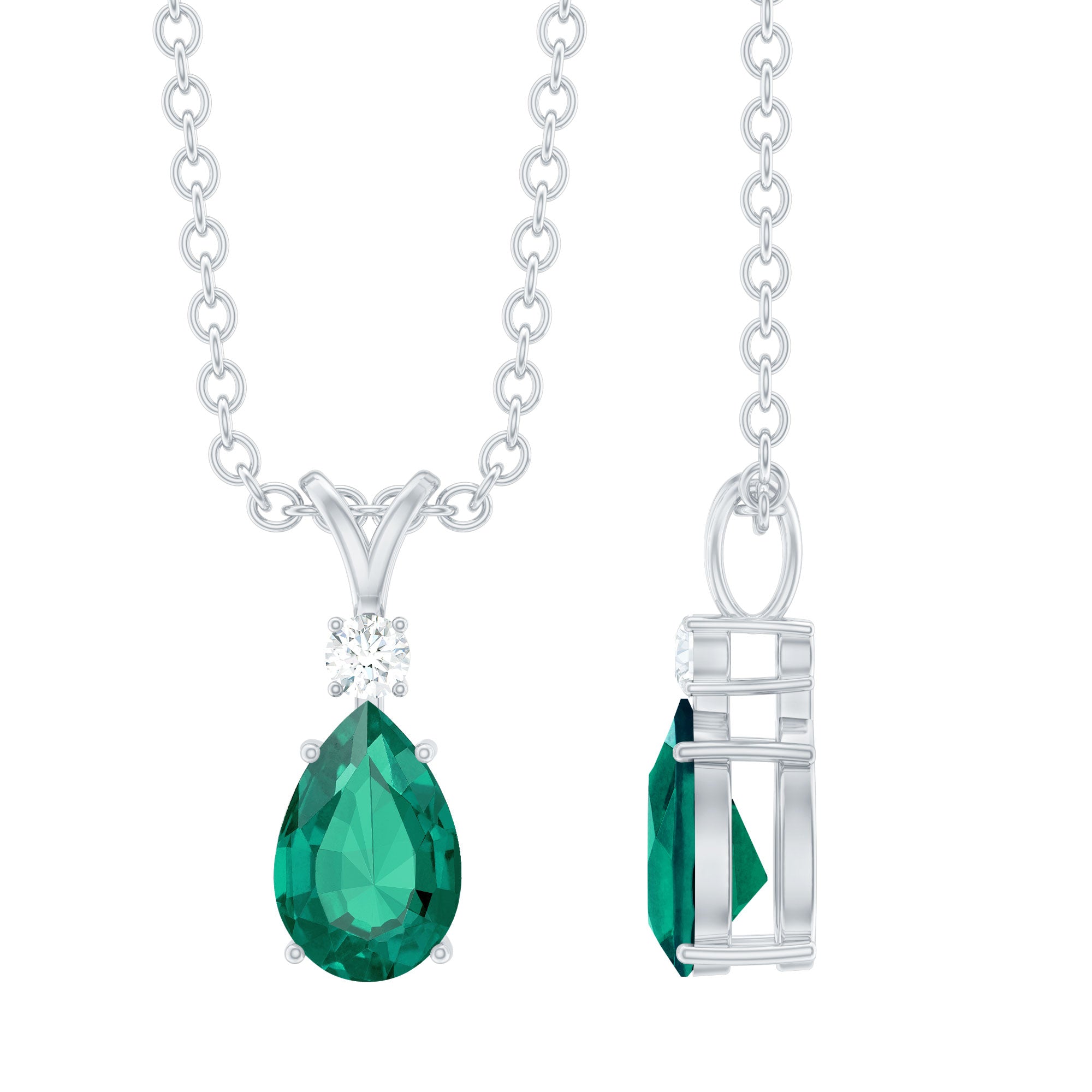 Lab Grown Emerald Teardrop Pendant Necklace with Silver Chain,