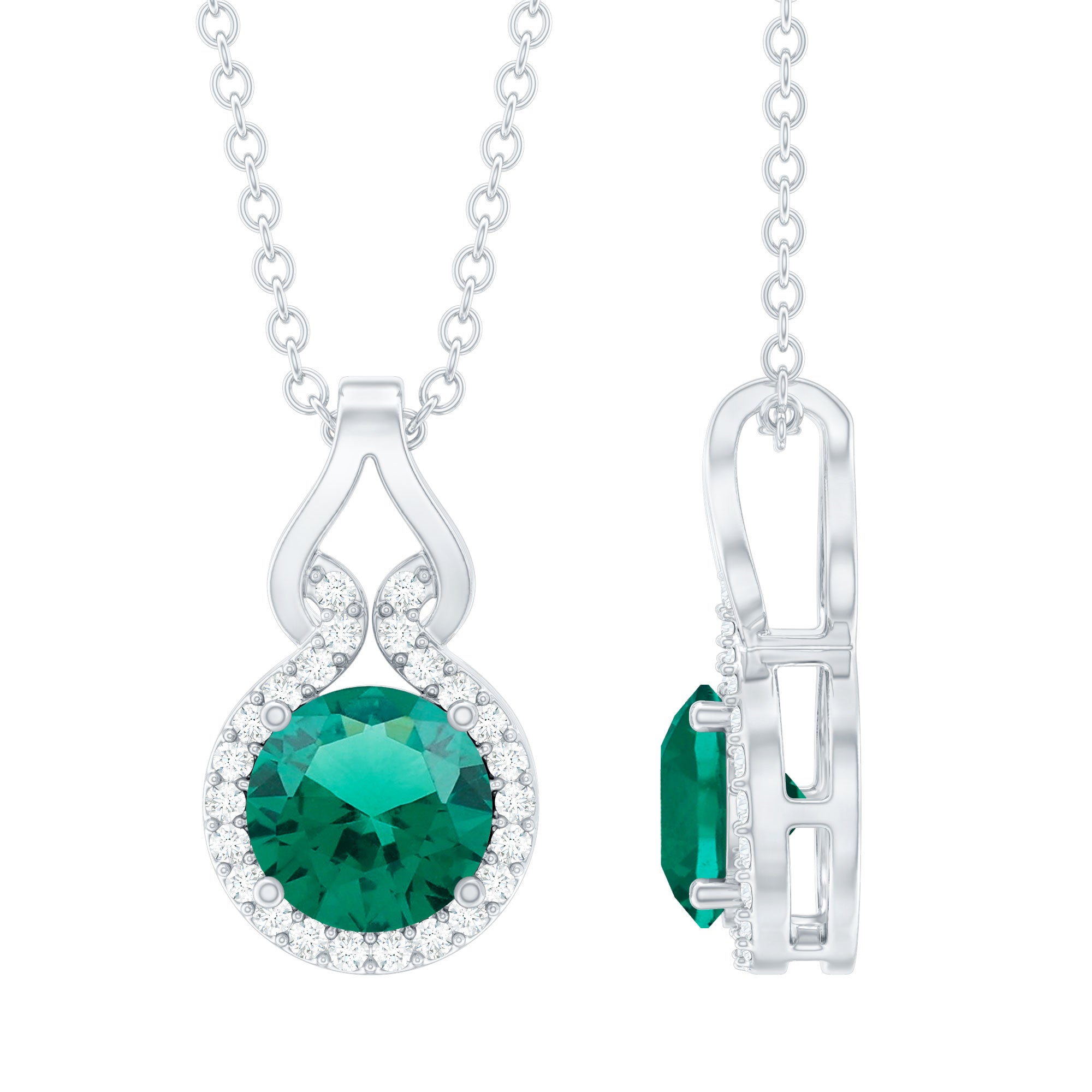 Certified 6 MM Round Lab Emerald Halo Necklace for Women
