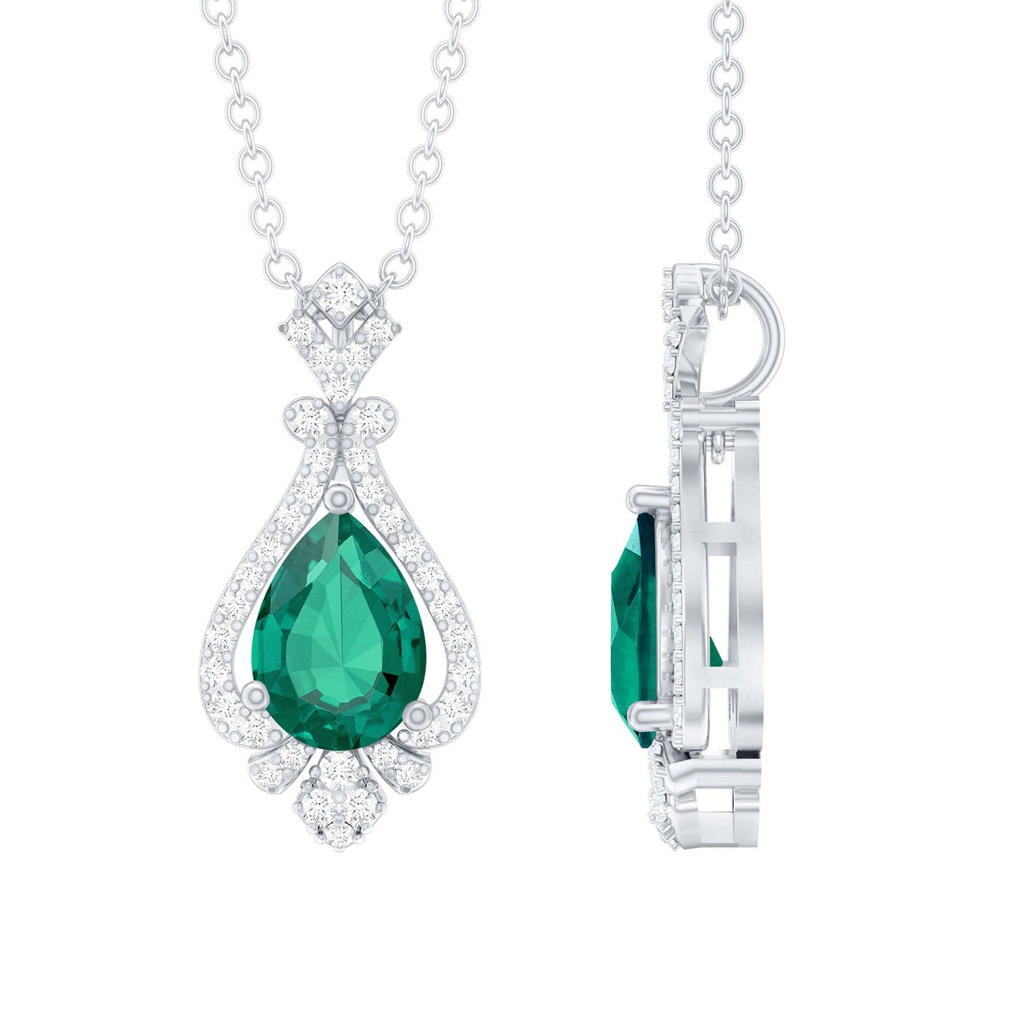 Lab Grown Emerald Bridal Vintage Necklace with Silver Chain