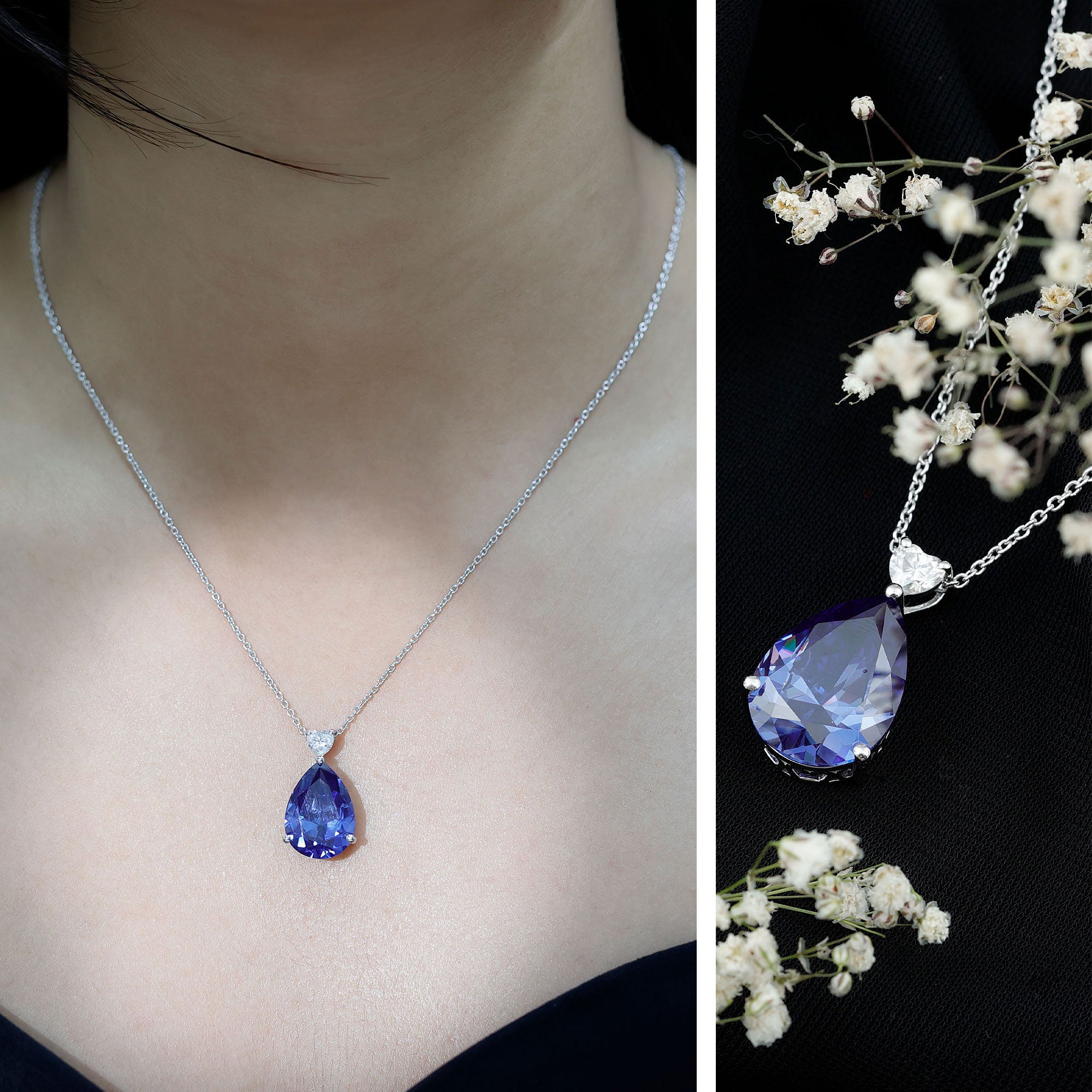 Certified 9 Carat Pear Shape Lab Grown Blue Sapphire Necklace With