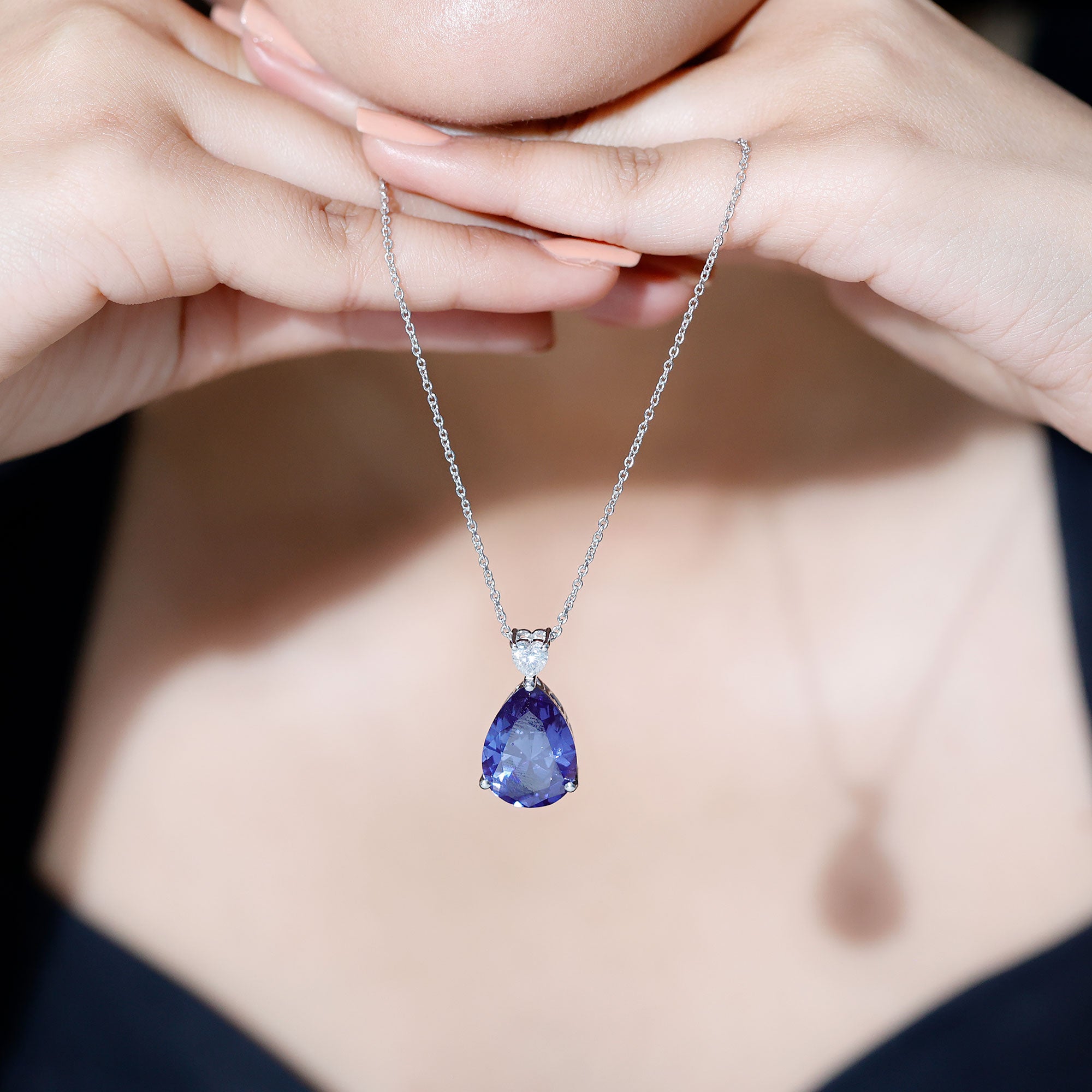 Certified 9 Carat Pear Shape Lab Grown Blue Sapphire Necklace With