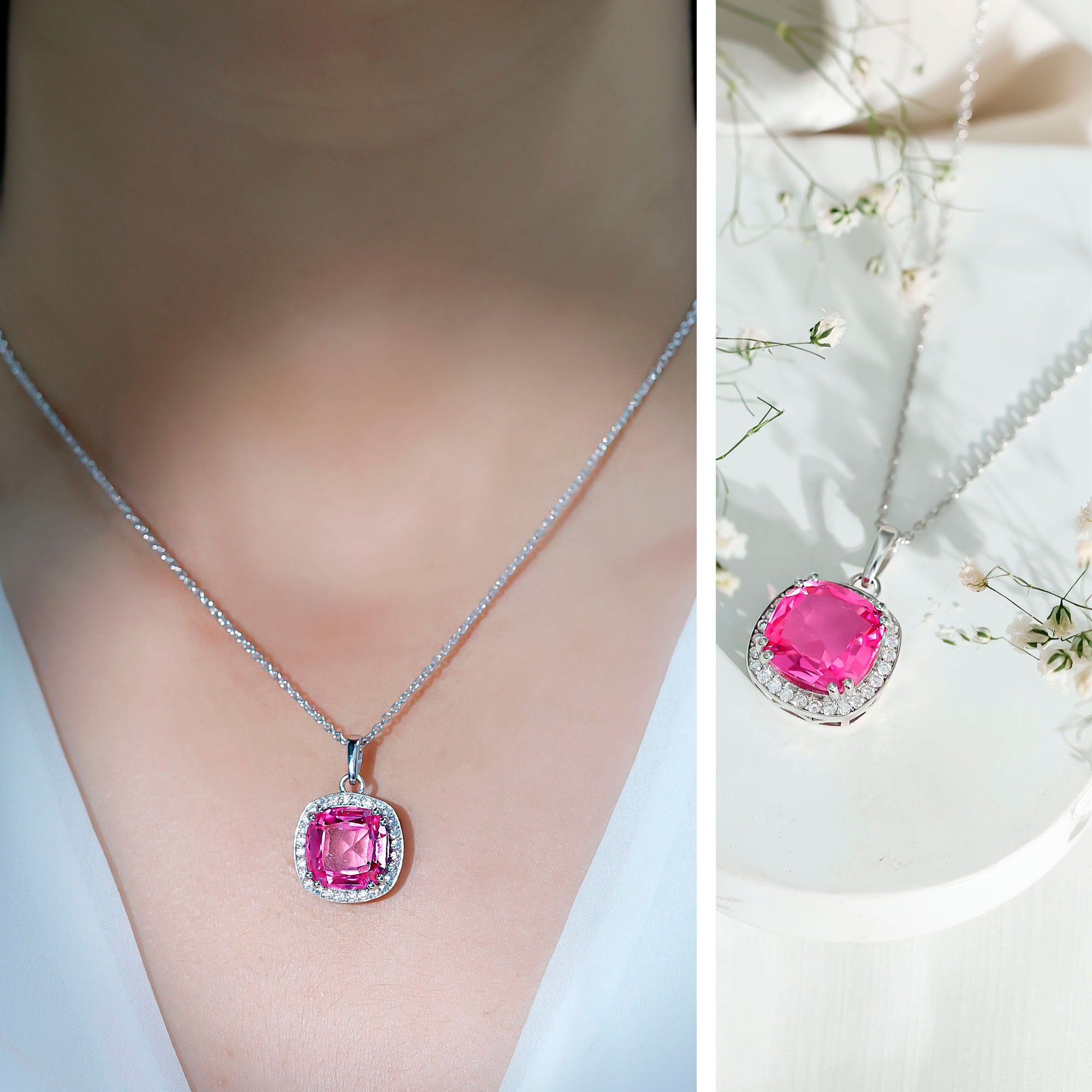 6 Carat Lab Grown Pink Sapphire Cocktail Necklace With Silver