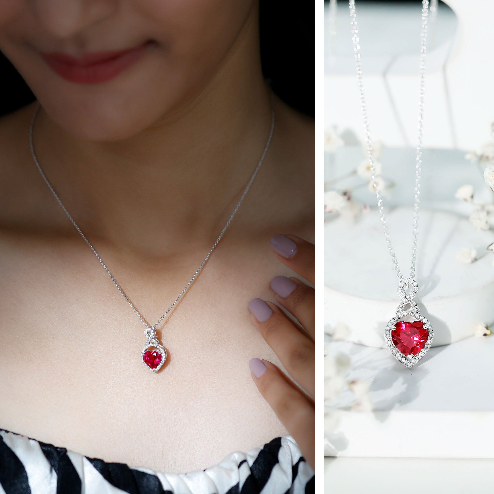 AAAA Quality 2 Carat Lab Grown Ruby Heart Infinity Necklace with Silver Chain AAAA 92.5 Sterling Silver - Rosec Jewels