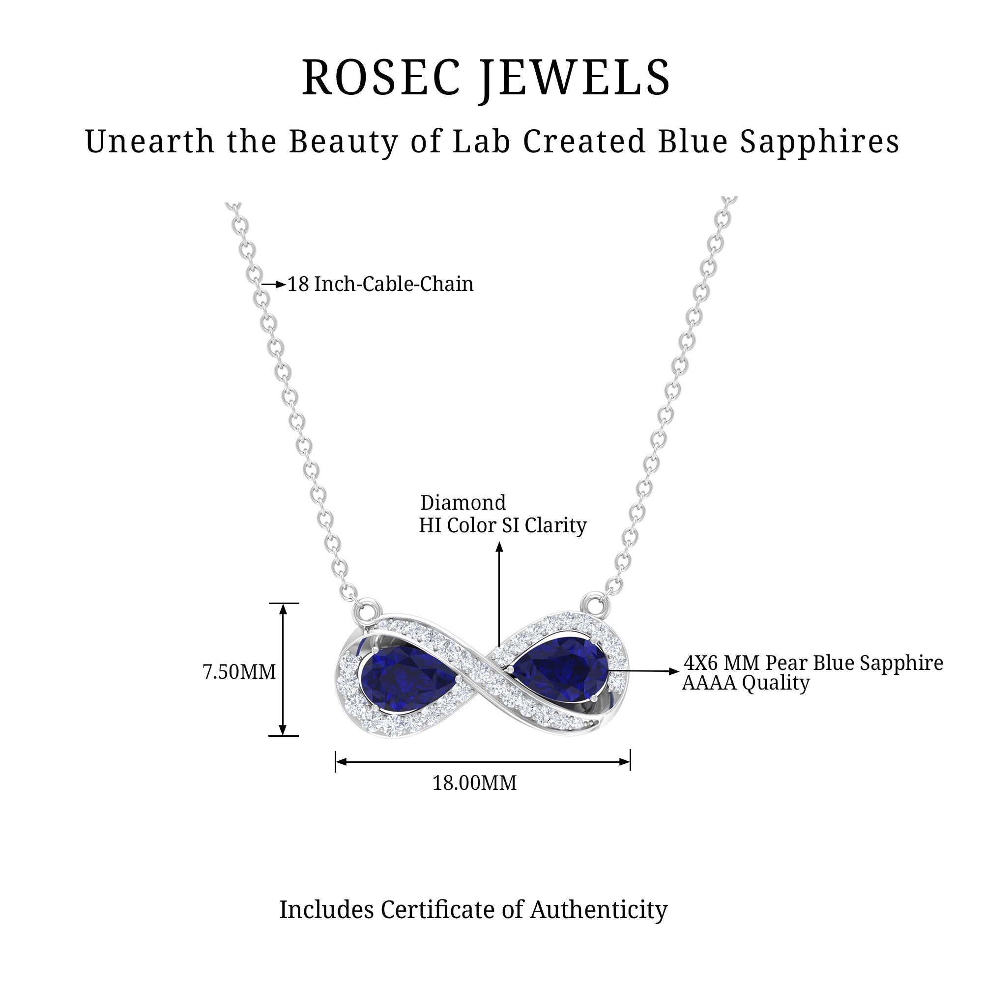 Lab Created Blue Sapphire Infinity 2 Stone Necklace With Diamond Accent Lab Created Blue Sapphire - ( AAAA ) - Quality - Rosec Jewels