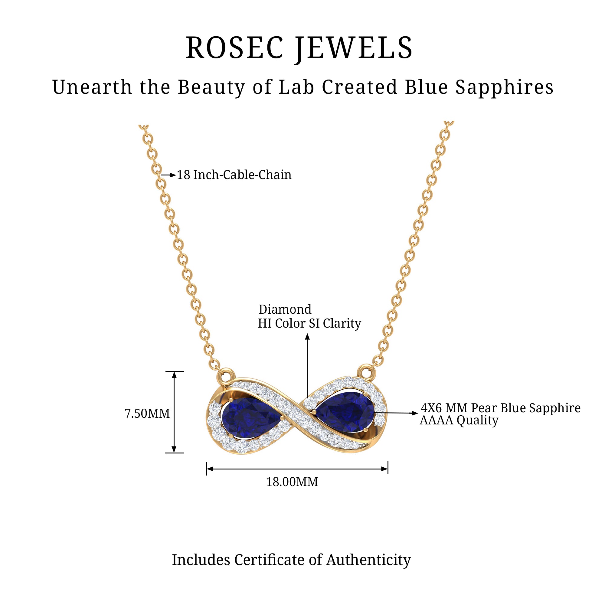 Lab Created Blue Sapphire Infinity 2 Stone Necklace With Diamond Accent Lab Created Blue Sapphire - ( AAAA ) - Quality - Rosec Jewels
