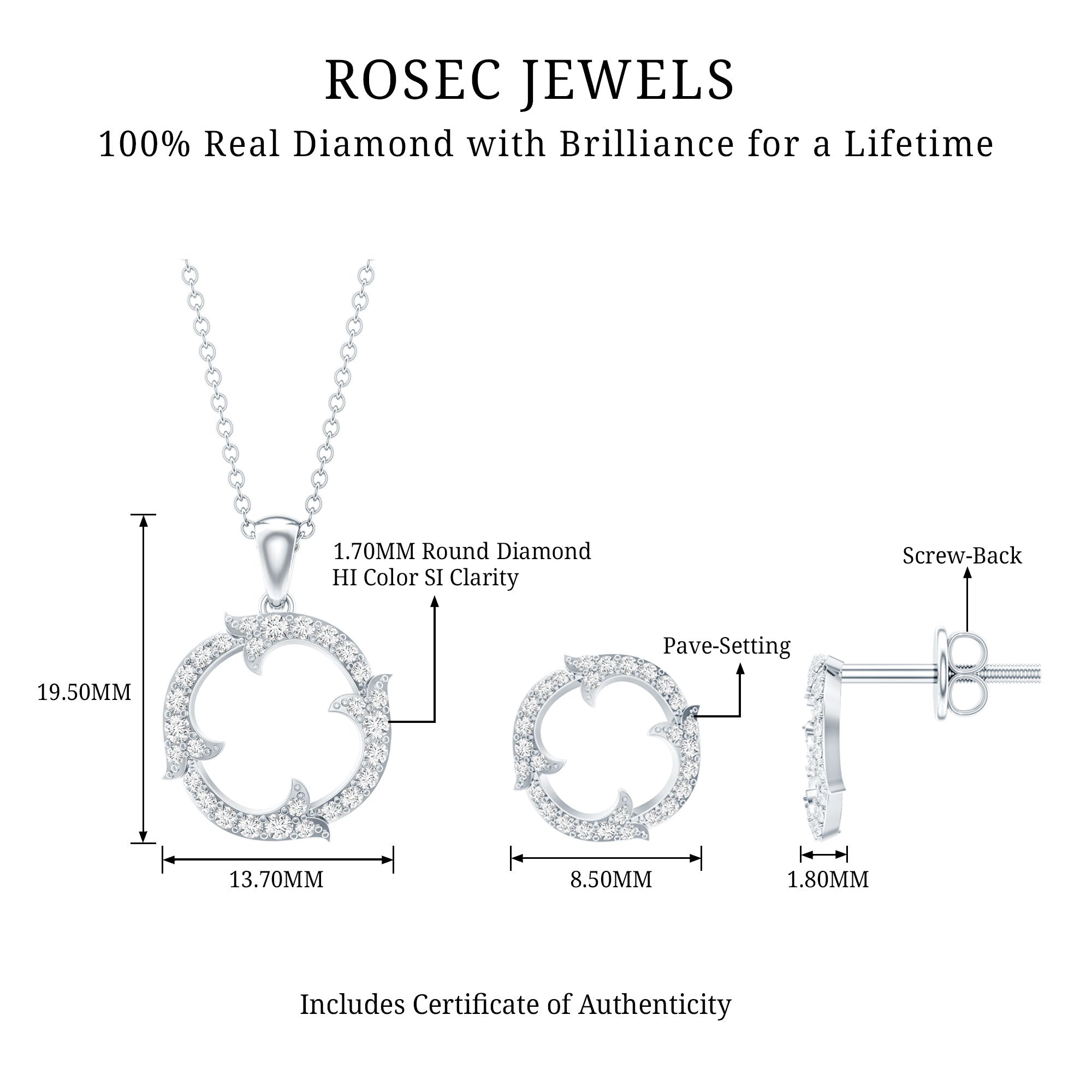 Certified Diamond Circle Necklace Earrings Set Natural - ( HI-SI ) - Rosec Jewels