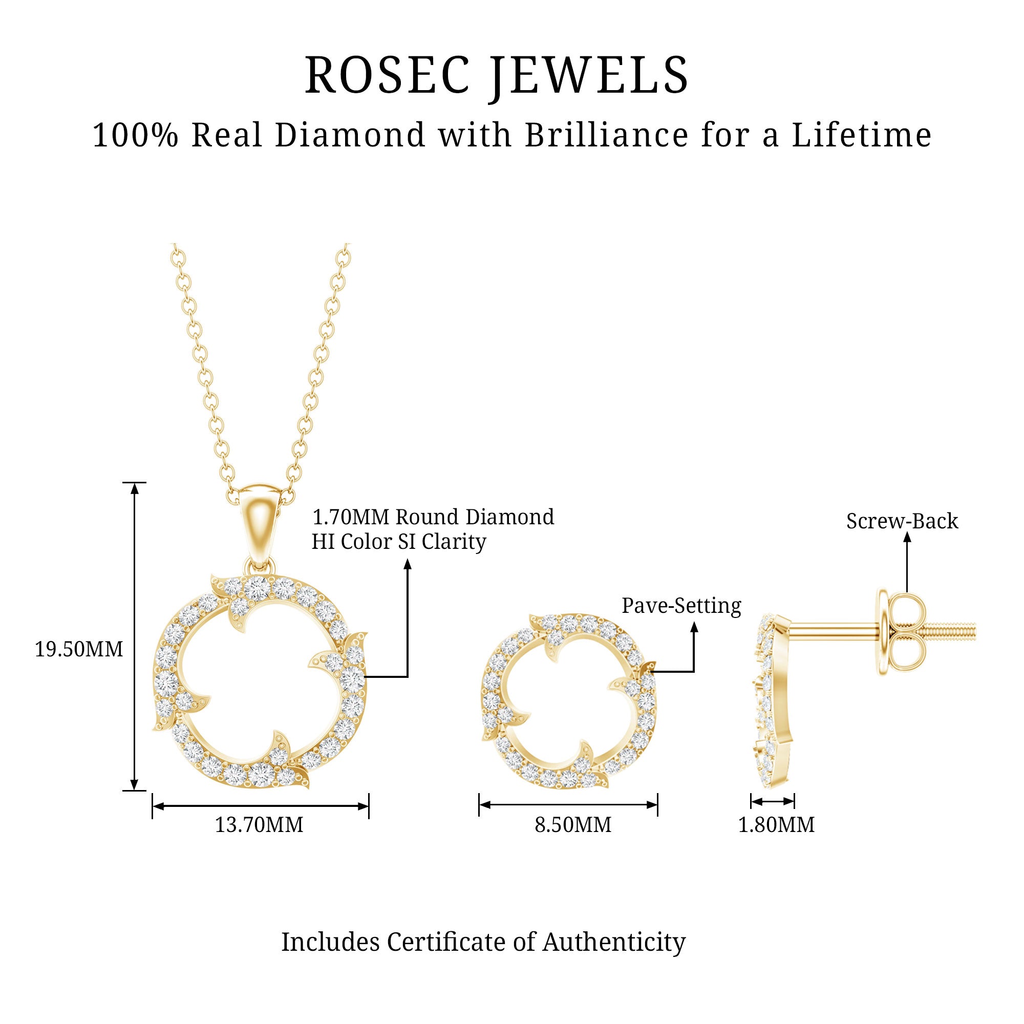 Certified Diamond Circle Necklace Earrings Set Natural - ( HI-SI ) - Rosec Jewels