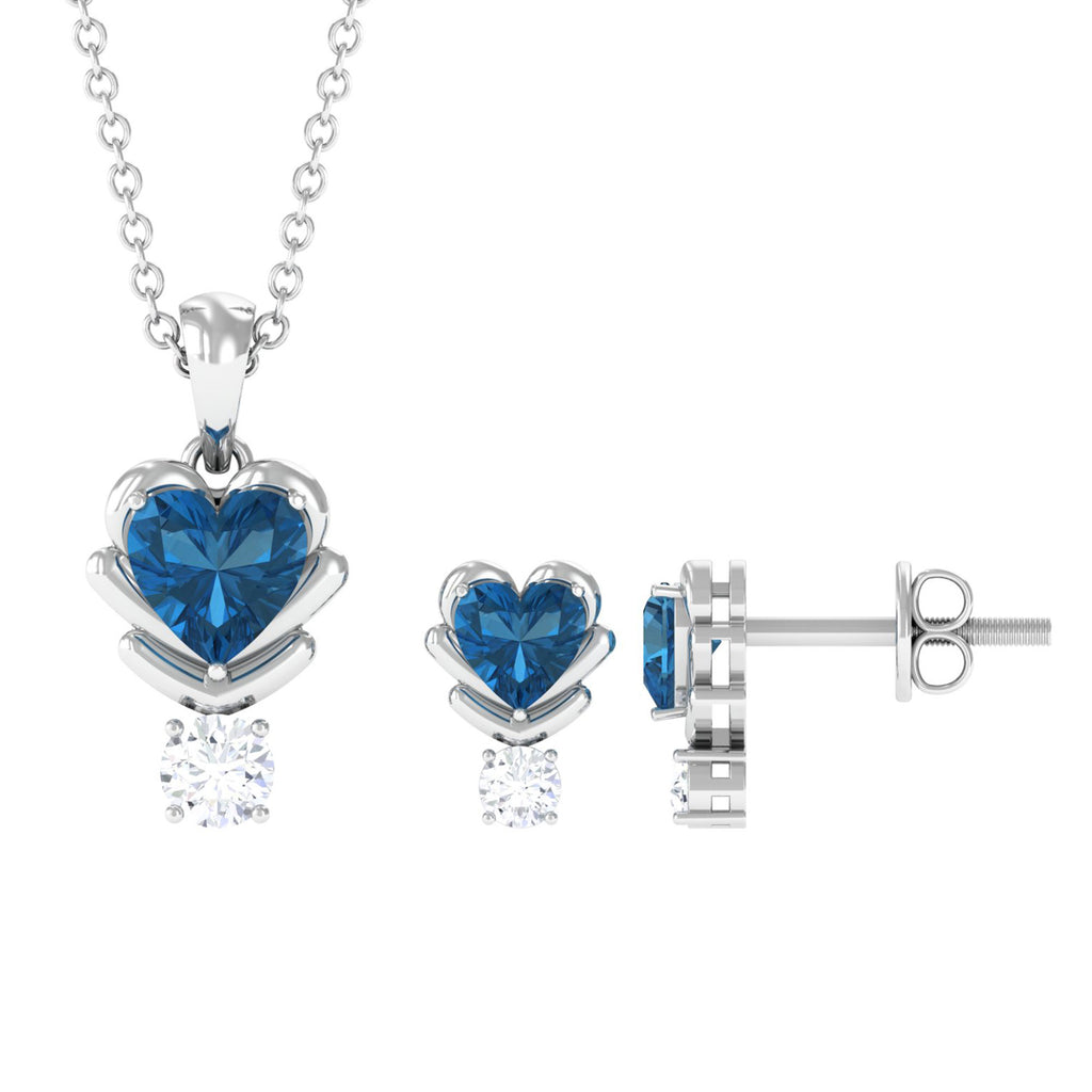 London Blue Topaz and Moissanite Minimal Heart Jewelry Set London Blue Topaz - ( AAA ) - Quality - Rosec Jewels