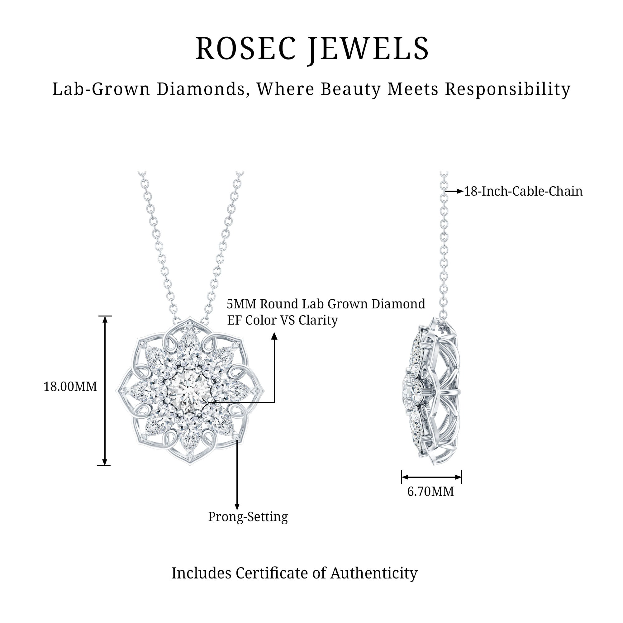Lab Grown Diamond Statement Flower Necklace Lab - ( EF-VS ) - Rosec Jewels