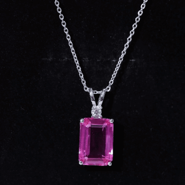 9 Carat Lab Grown Pink Sapphire Emerald Cut Necklace With Silver Chain AAAA 92.5 Sterling Silver - Rosec Jewels