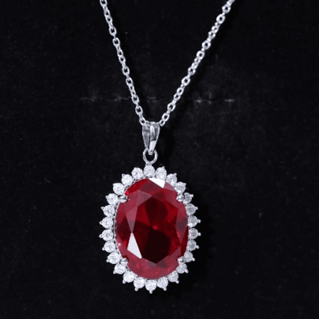 Sterling Silver 14 carat Lab Grown Ruby Oval Necklace with Halo AAAA 92.5 Sterling Silver - Rosec Jewels
