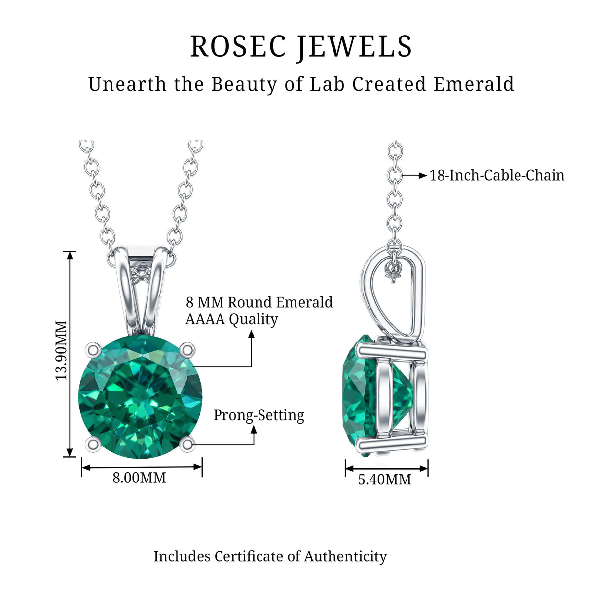 AAAA Quality 2 Carat Lab Grown Emerald Pendant Necklace with Chain AAAA 92.5 Sterling Silver - Rosec Jewels