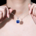 Certified 12 MM Cushion Lab Grown Blue Sapphire Halo Necklace AAAA - Rosec Jewels