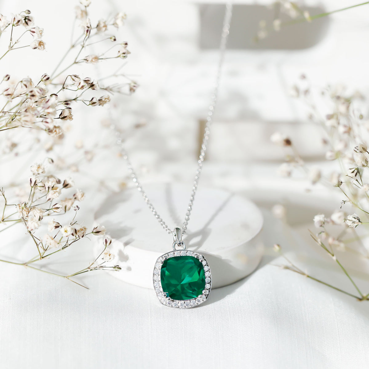 Sterling Silver 9 Carat Lab Grown Emerald Halo Pendant Necklace for Women AAAA 92.5 Sterling Silver - Rosec Jewels