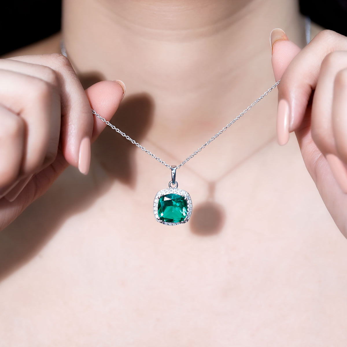 Sterling Silver 9 Carat Lab Grown Emerald Halo Pendant Necklace for Women AAAA 92.5 Sterling Silver - Rosec Jewels