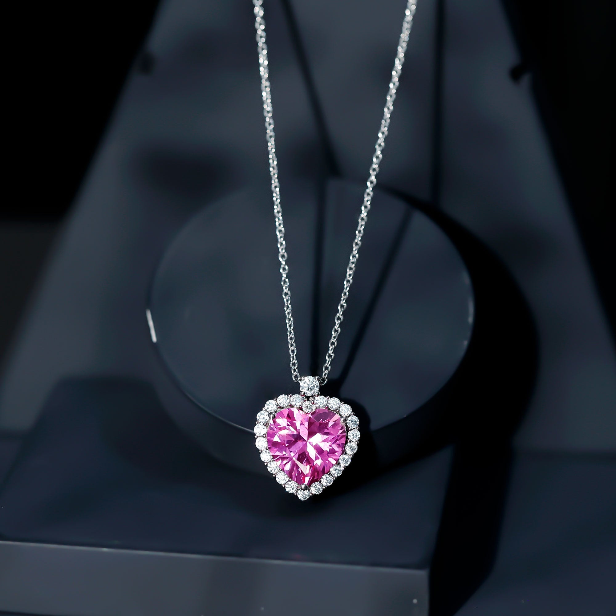 5.5 Carat Lab Grown Pink Sapphire Heart Necklace with Halo – Rosec