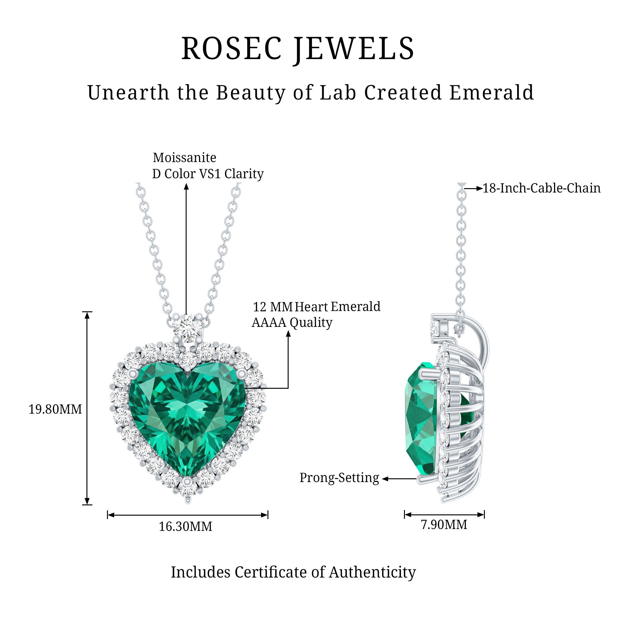 Lab Created 5.6 Carat Emerald Moissanite Heart Pendant Necklace AAAA - Rosec Jewels