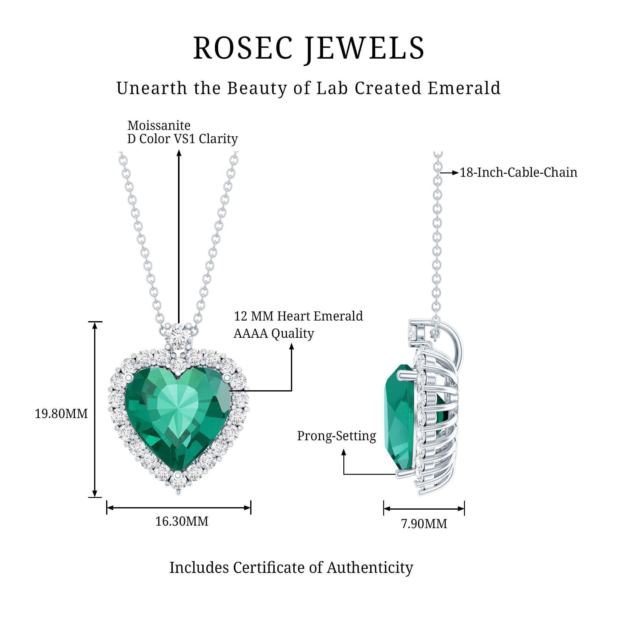 Certified 5.5 Carat Lab Grown Emerald Heart Necklace With Silver Chain AAAA 92.5 Sterling Silver - Rosec Jewels