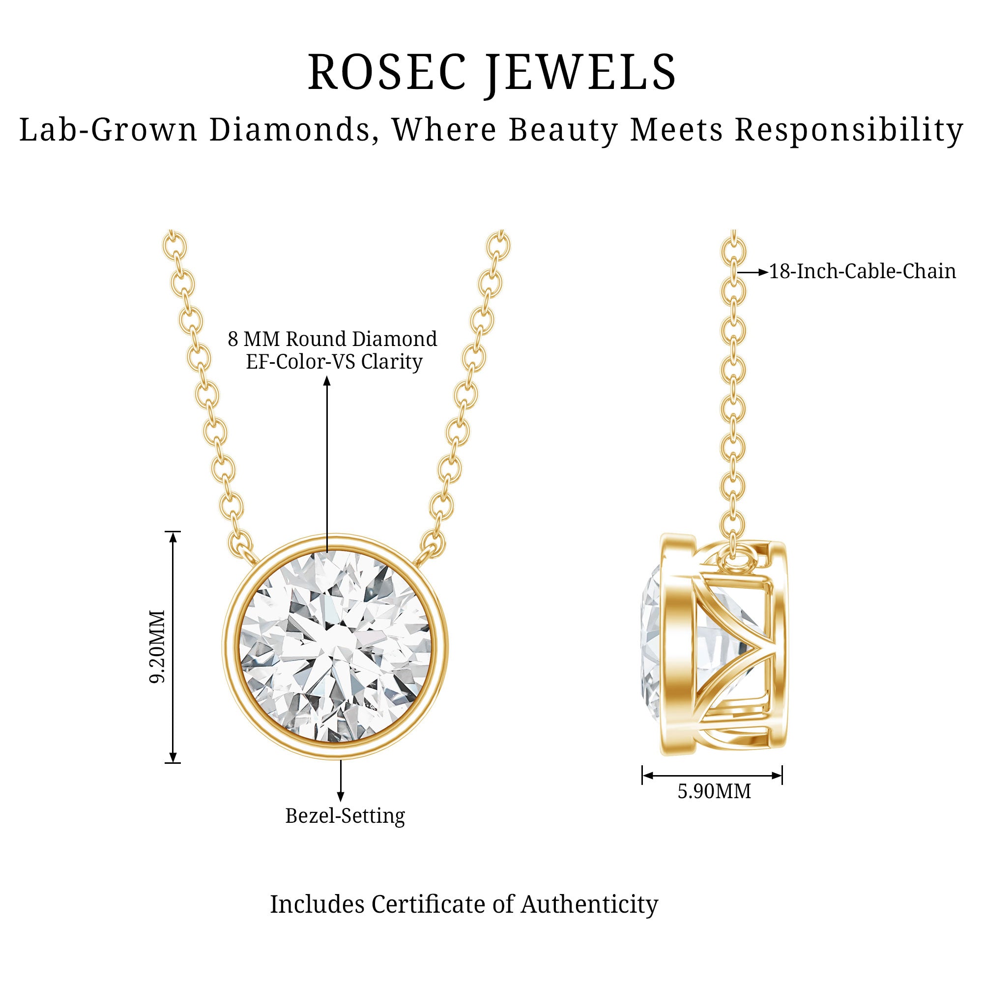 Bezel Set IGI Certified 2 Carat Lab Grown Diamond Solitaire Necklace Lab - ( E-VS1 ) - Rosec Jewels