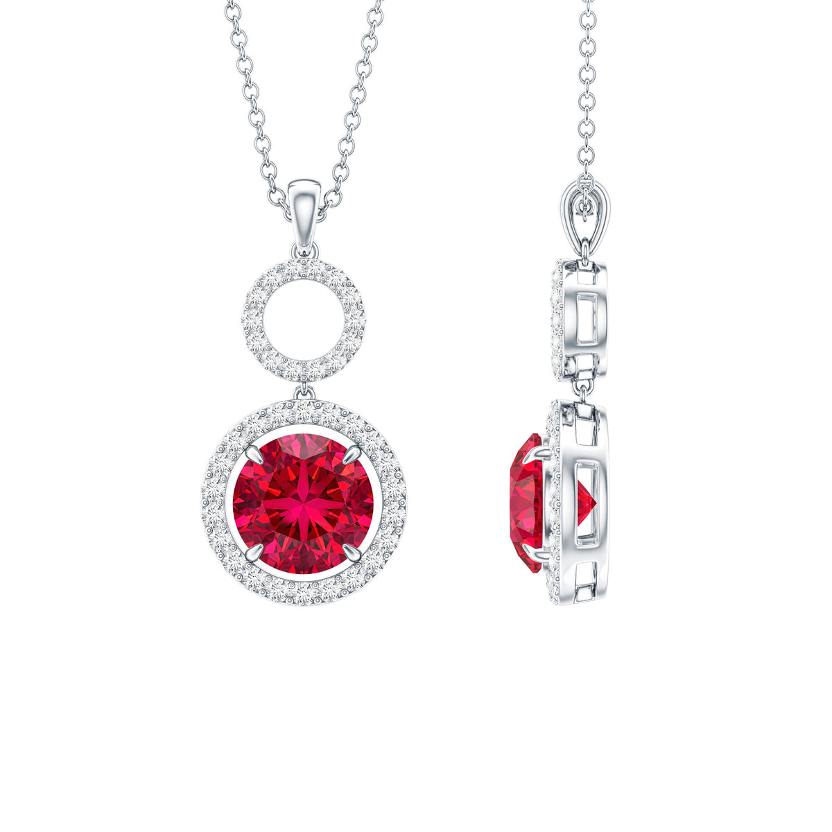 Lab Grown Ruby Dangle Necklace with Moissanite Halo AAAA - Rosec Jewels