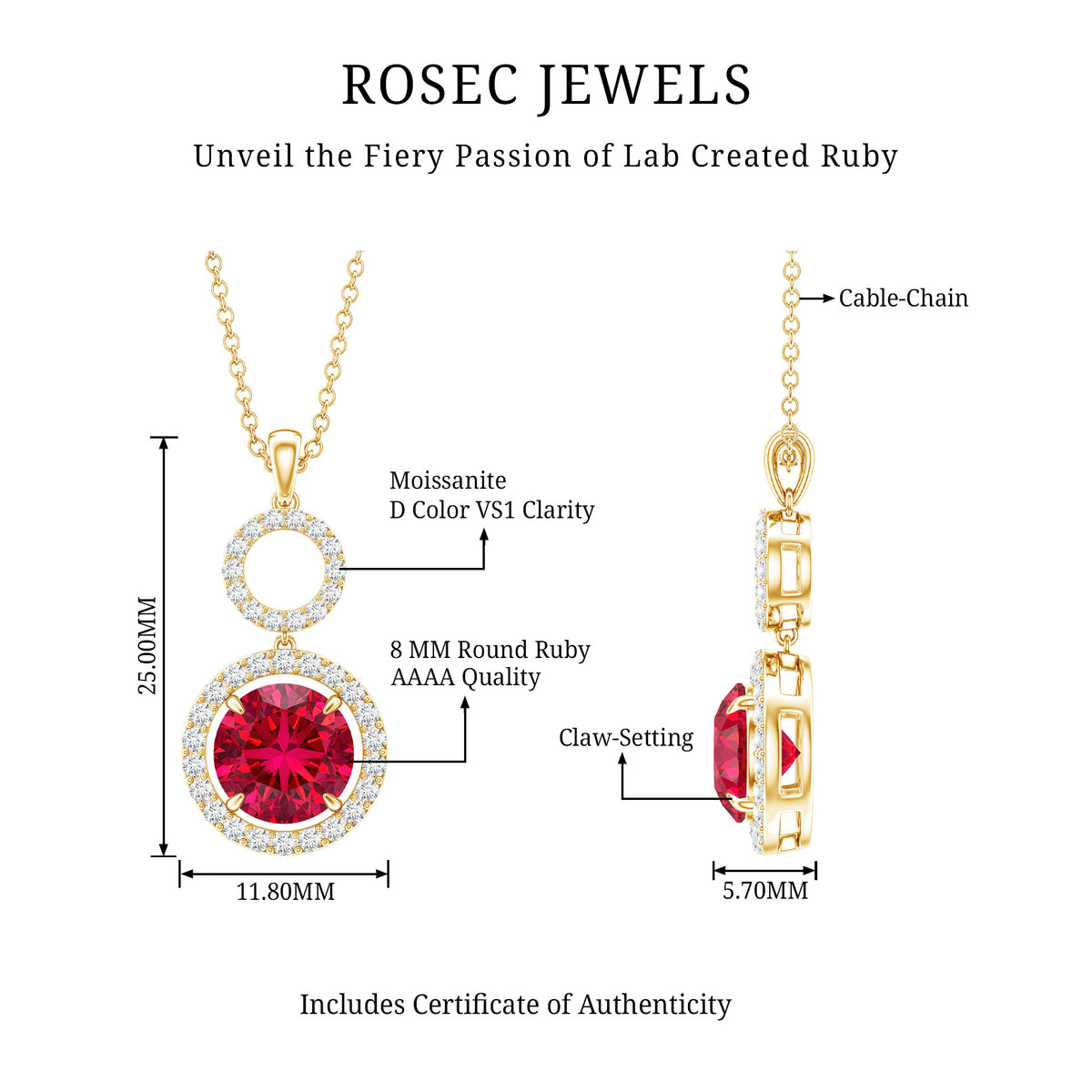 Lab Grown Ruby Dangle Necklace with Moissanite Halo AAAA - Rosec Jewels
