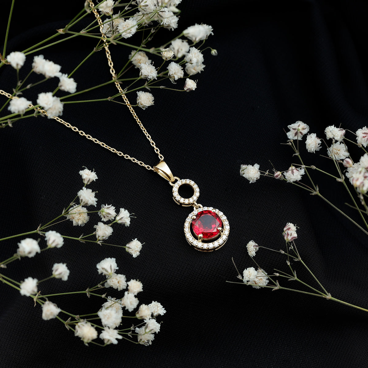 Lab Grown Ruby Dangle Necklace with Moissanite Halo AAAA - Rosec Jewels
