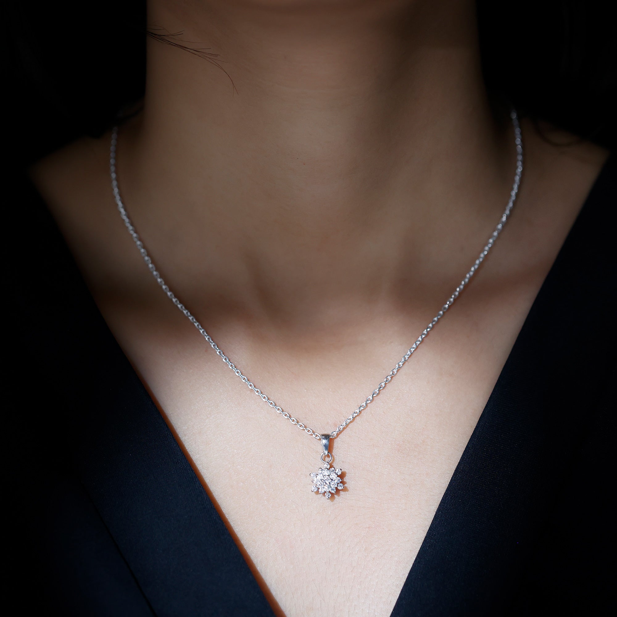 Certified Moissanite Snowflake Necklace with Silver Chain D-VS1 92.5 Sterling Silver - Rosec Jewels