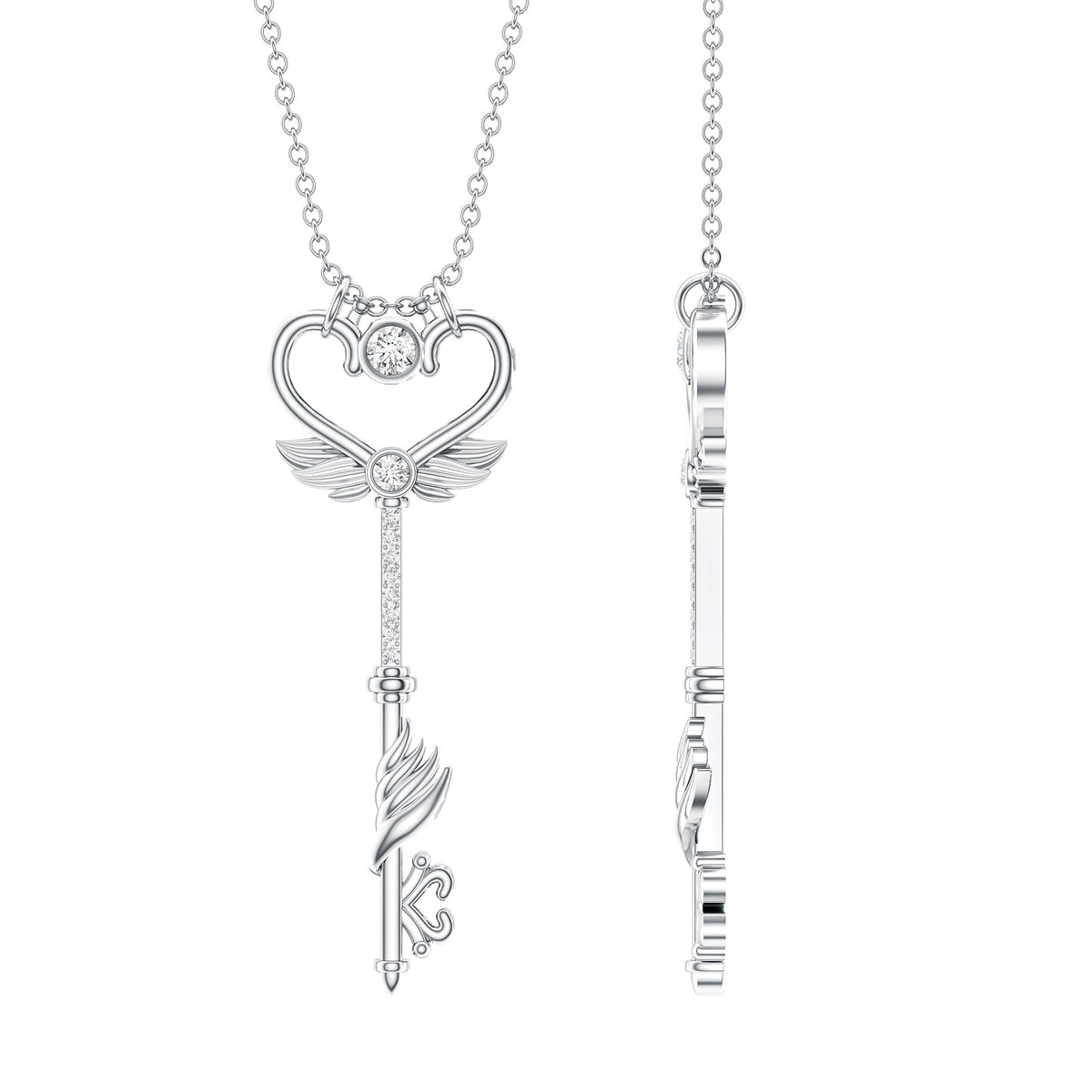 Diamond Key Necklace with Angel Wings Natural - ( HI-SI ) - Rosec Jewels