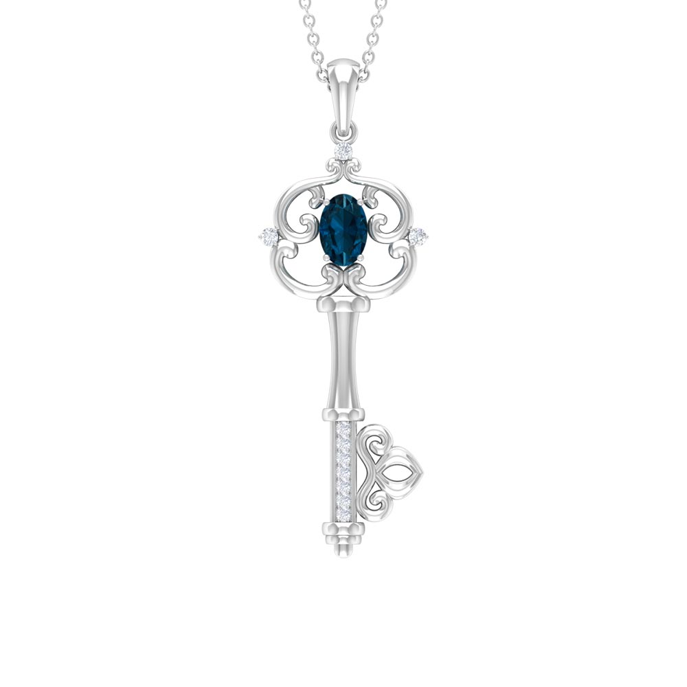London Blue Topaz and Diamond Vintage Key Necklace AAA - Rosec Jewels