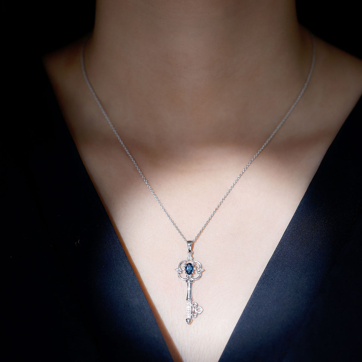 London Blue Topaz and Diamond Vintage Key Necklace AAA - Rosec Jewels