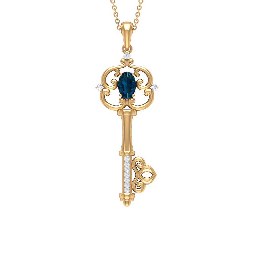 Vintage Inspired Key Pendant with Oval London Blue Topaz and Diamond London Blue Topaz - ( AAA ) - Quality - Rosec Jewels
