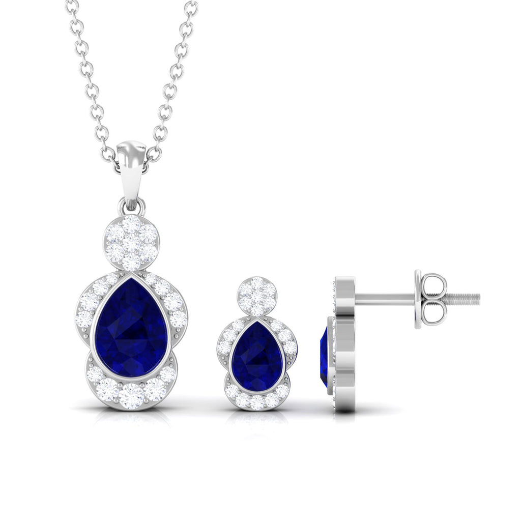 Pear Blue Sapphire and Diamond Contemporary Dangle Jewelry Set Blue Sapphire - ( AAA ) - Quality - Rosec Jewels