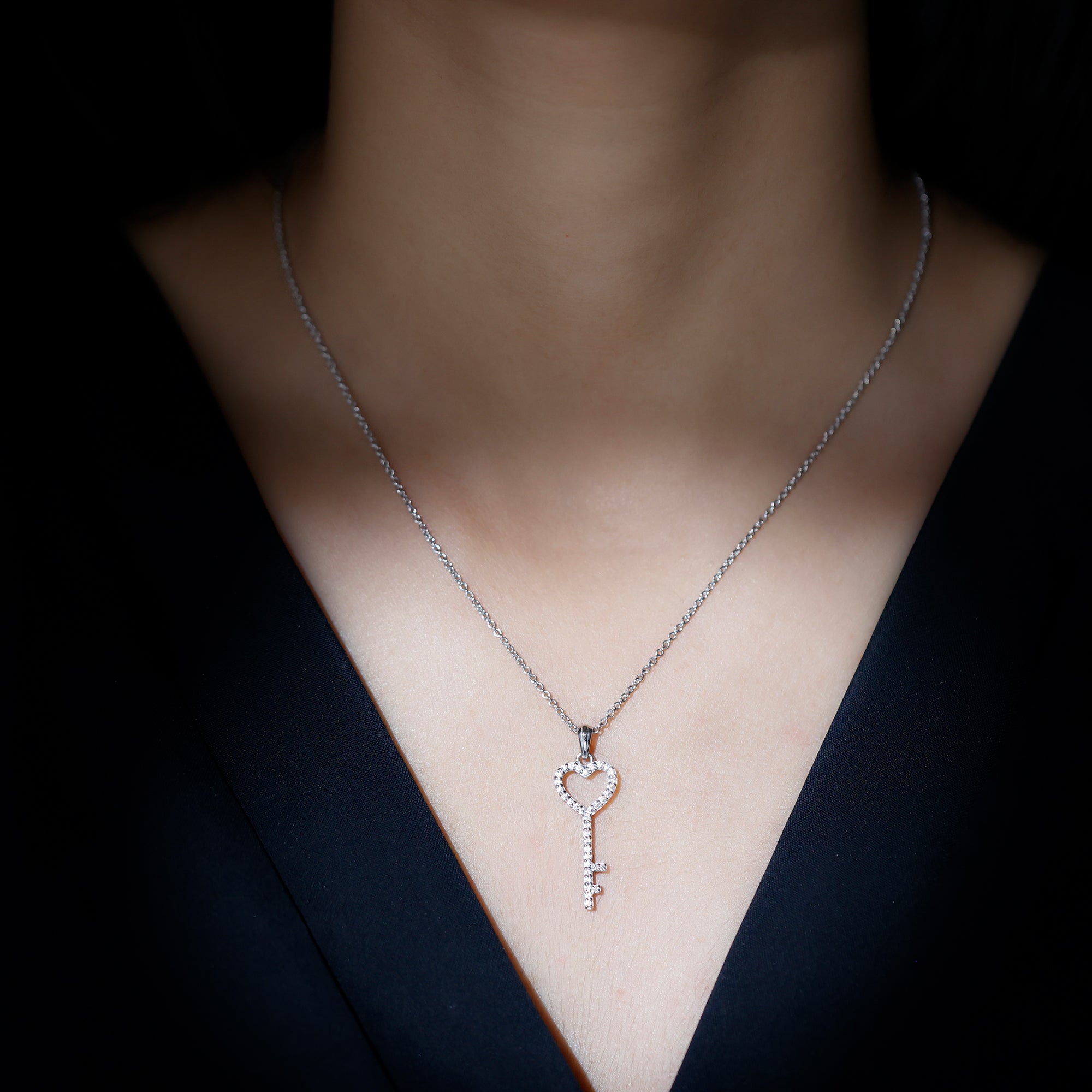 Simple Cubic Zirconia Heart Key Necklace AAAA - Rosec Jewels