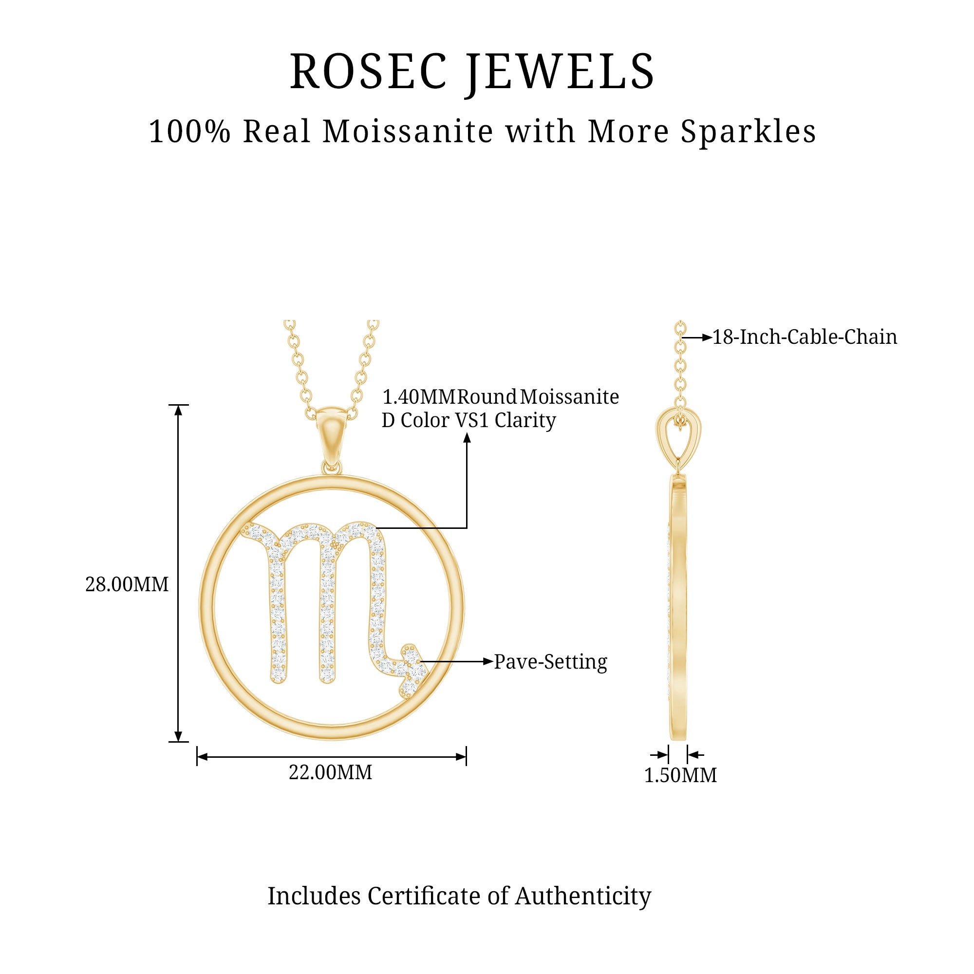 Certified Moissanite Scorpio Zodiac Pendant Necklace D-VS1 - Rosec Jewels