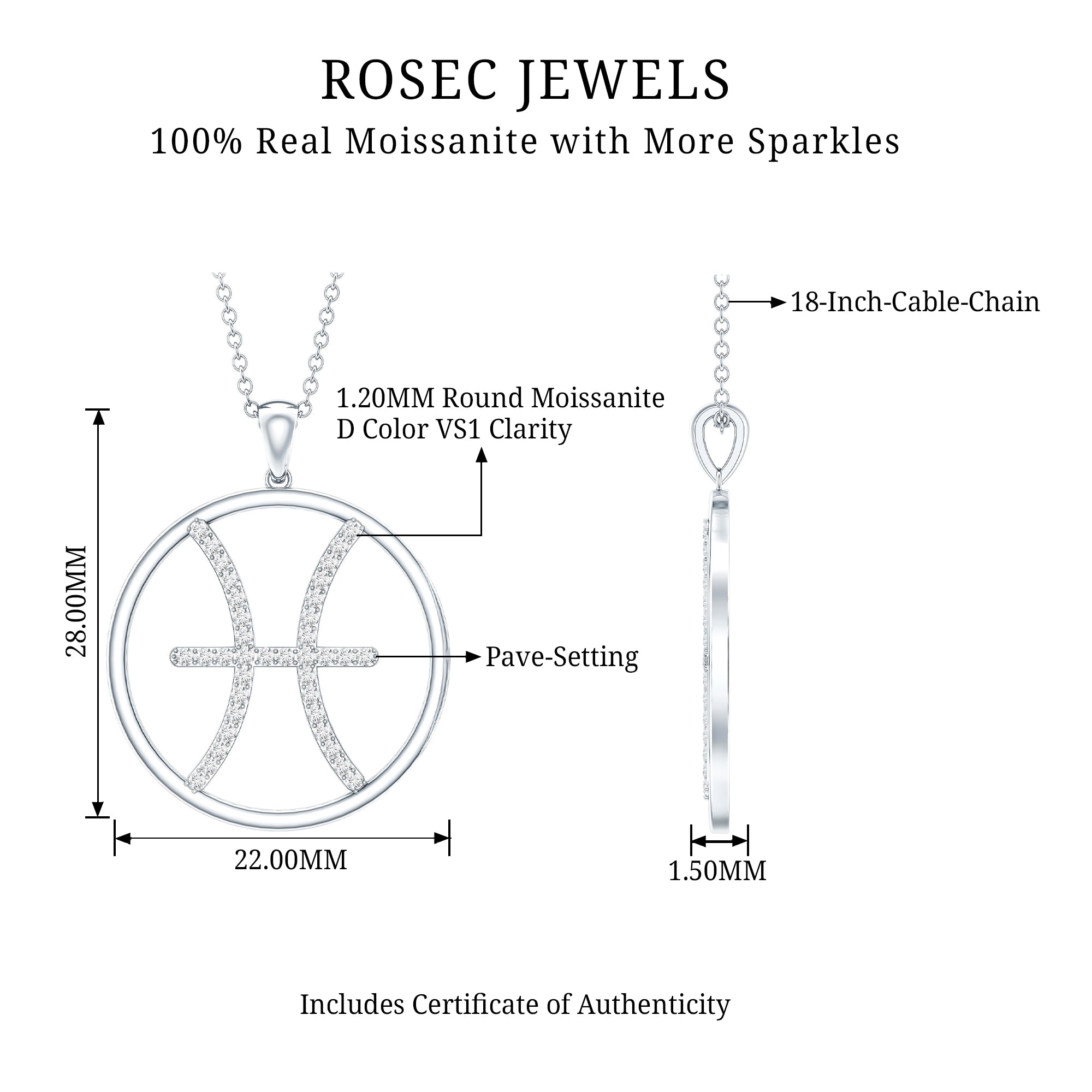 Certified Moissanite Pisces Zodiac Sign Pendant Necklace D-VS1 - Rosec Jewels