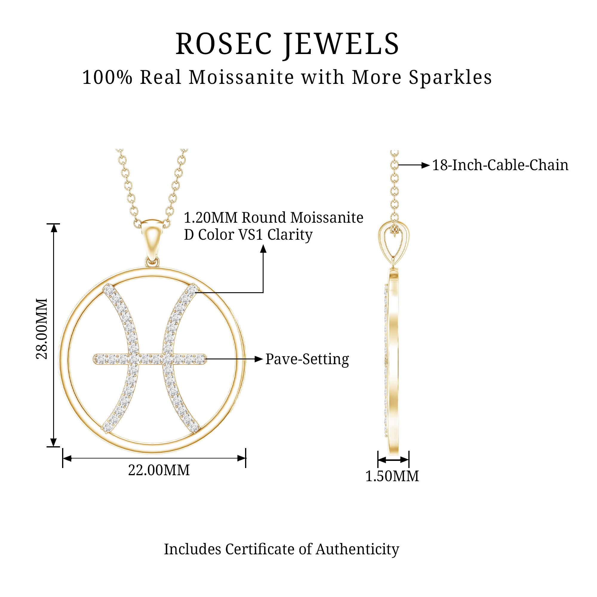 Certified Moissanite Pisces Zodiac Sign Pendant Necklace D-VS1 - Rosec Jewels