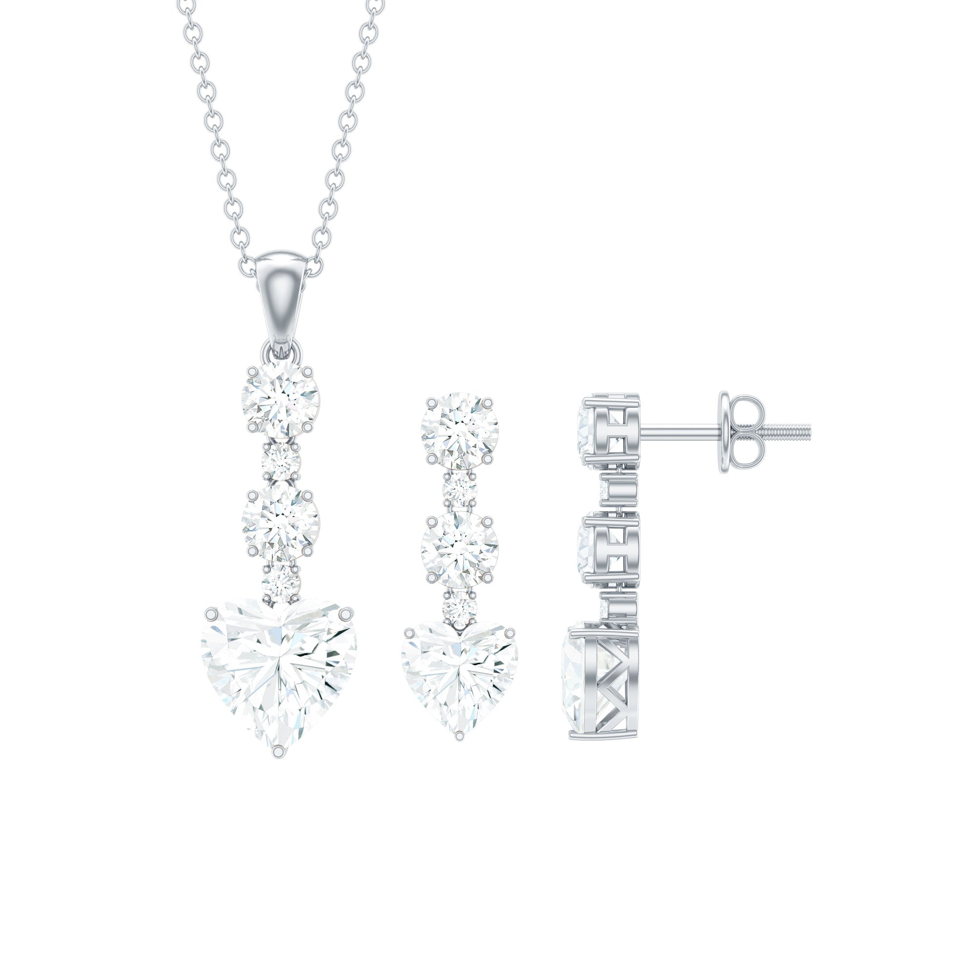 Cubic Zirconia Heart Necklace and Earrings Set in Silver
