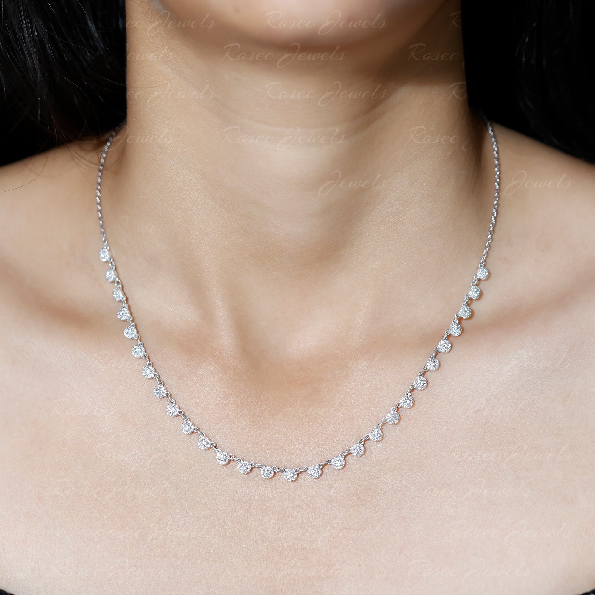Round Moissanite Bridal Station Chain Necklace - Rosec Jewels