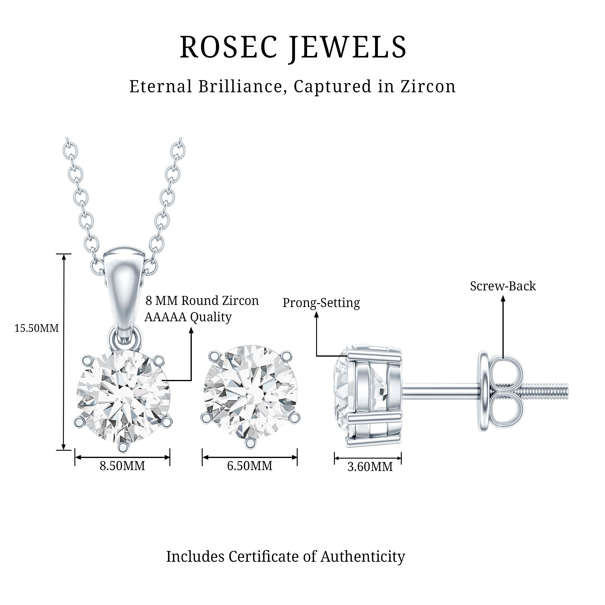 Certified 3.9 Carat Round Cubic Zirconia Solitaire Necklace and Earrings Set AAAAA 92.5 Sterling Silver - Rosec Jewels