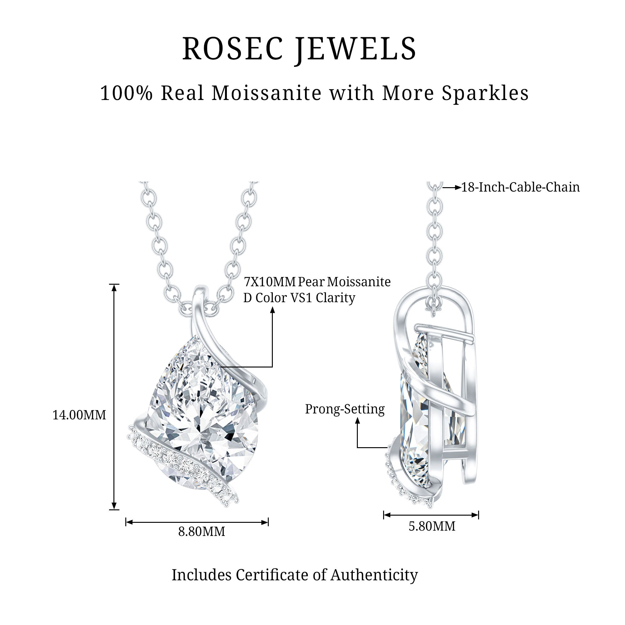 2.2 Carat Certified Moissanite Designer Teardrop Pendant D-VS1 - Rosec Jewels