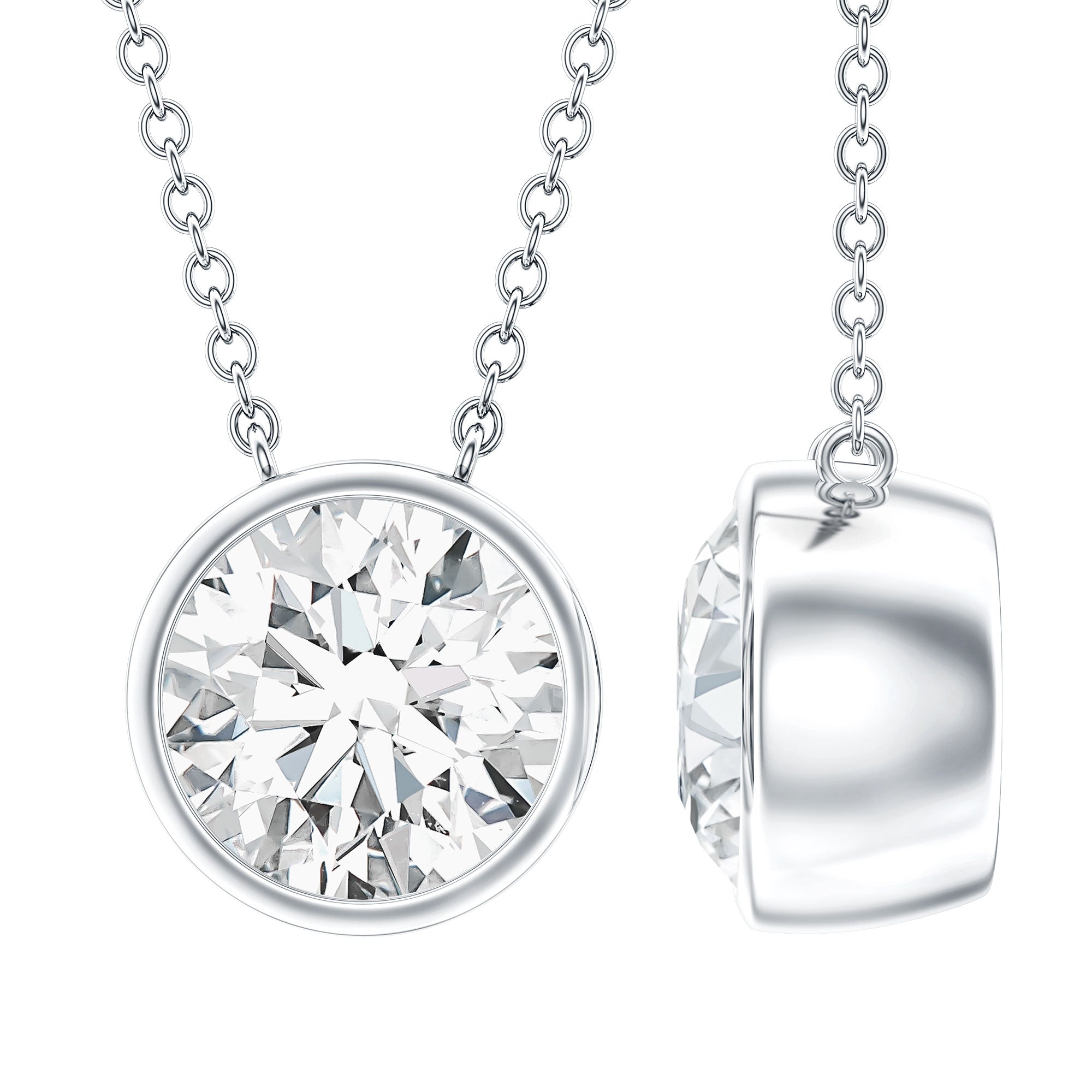 Bezel Set Cubic Zirconia Solitaire Necklace with Silver Chain AAAAA 92.5 Sterling Silver - Rosec Jewels